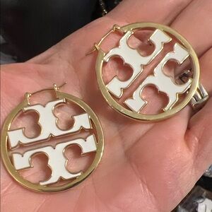 Gold and White Logo Drop Hoop Earrings